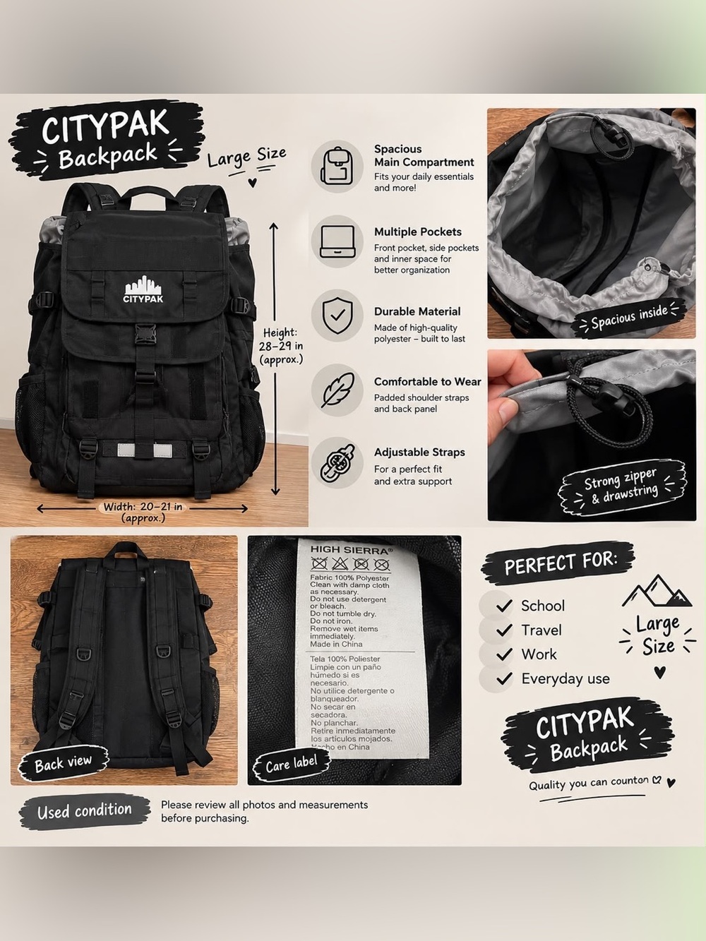Large Black Men's Backpack - Durable Travel & School Bag